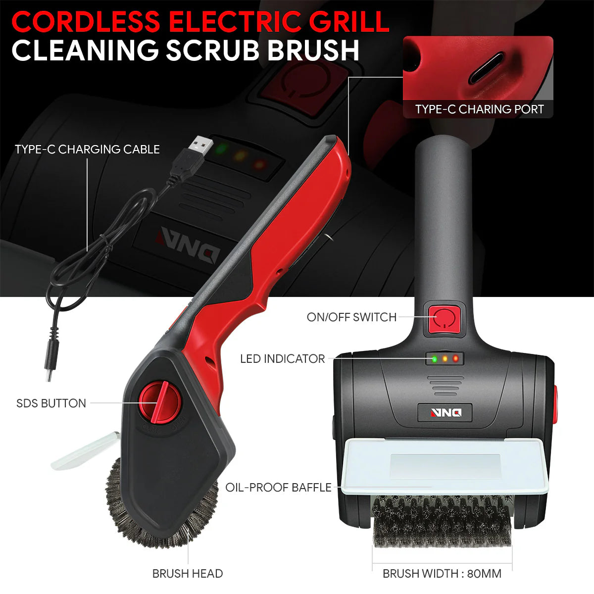 Cordless Power Grill Cleaning Scrub Brush w/Type-C Cable
