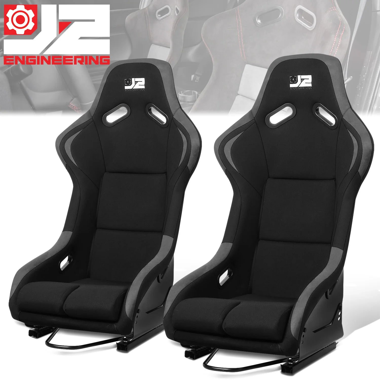 2 Pcs Grey Fabric Bucket Racing Seats w/ Mount Brackets & Sliders Fits model w/ Aftermarket Seat Brackets