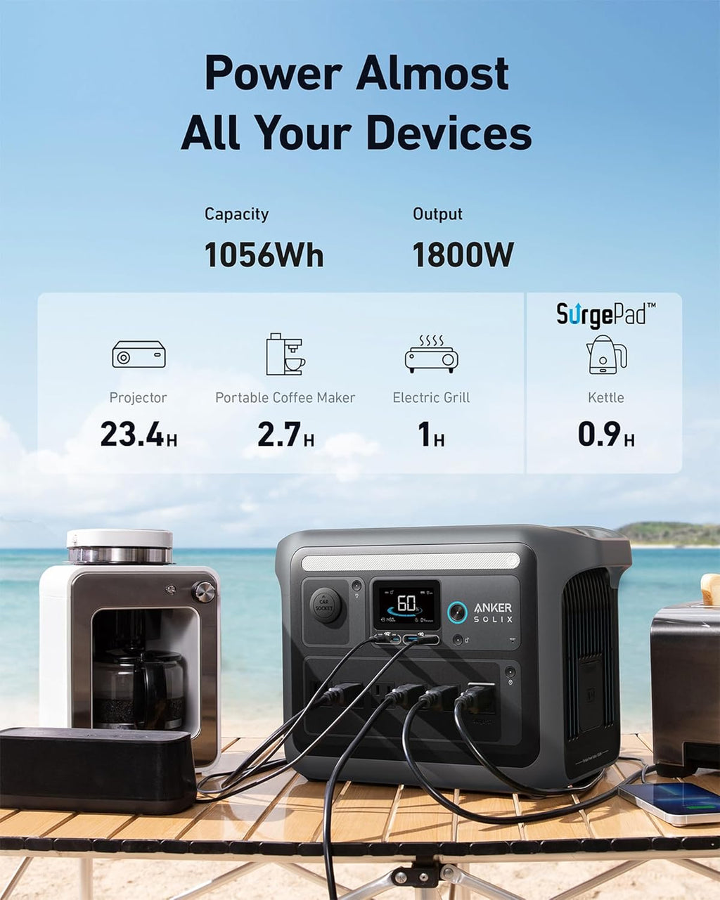 2026 Anker SOLIX C1000 Portable Power Station with 200W Solar Panel, 1800W Solar Generator, 1056wh LFP (LiFePO4) Battery, 6 AC Outlets, Up to 2400W for Home, Power Outages, and Outdoor Camping