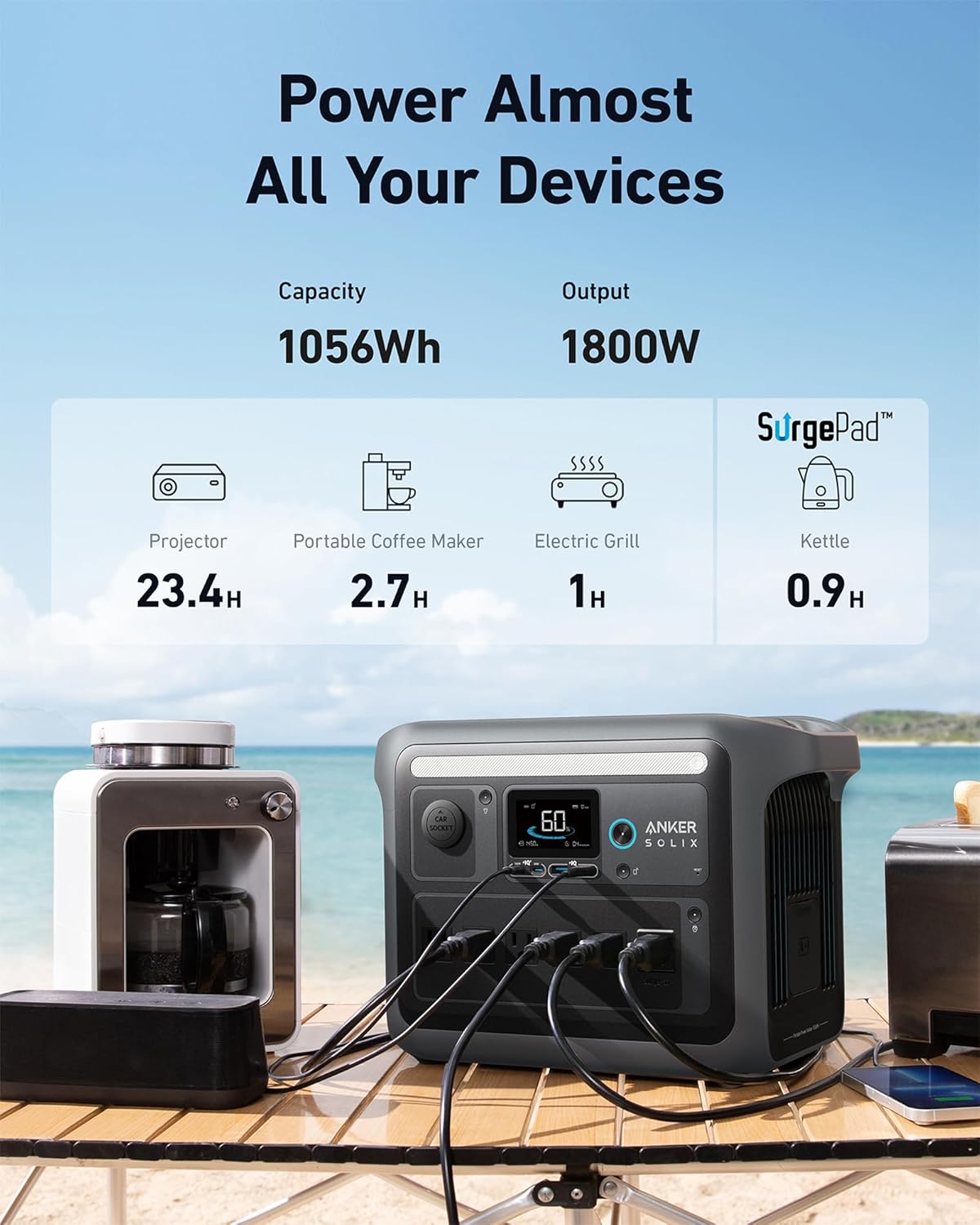 2026 Anker SOLIX C1000 Portable Power Station with 200W Solar Panel, 1800W Solar Generator, 1056wh LFP (LiFePO4) Battery, 6 AC Outlets, Up to 2400W for Home, Power Outages, and Outdoor Camping