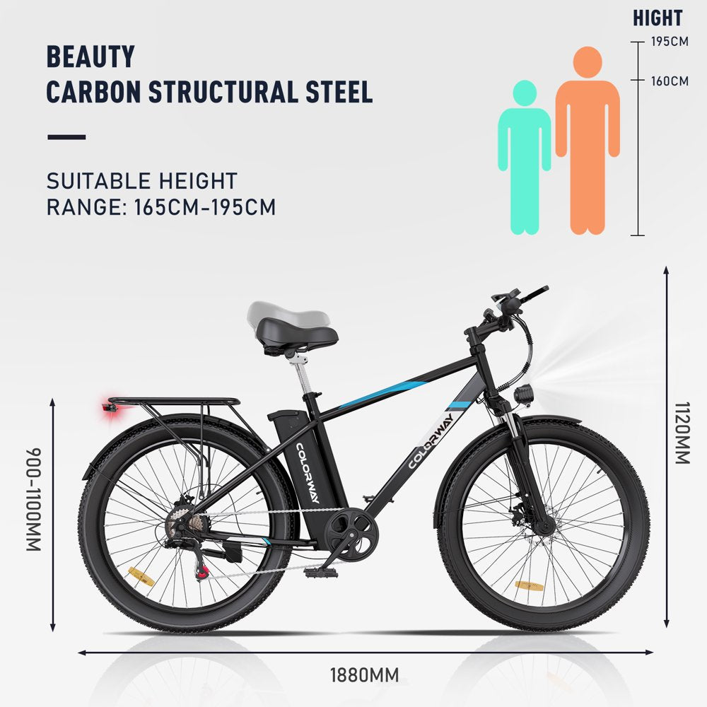 2026 500W Electric Bike, 26′′x3.0′′ Tires, 36V/15Ah, Shimano 7-Speed, Carbon Steel, LCD Display, IP54 Waterproof