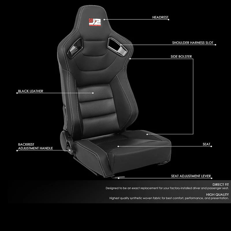 2 Pcs Black Synthetic Leather Racing Bucket Seats w/Mount Brackets & Sliders Universal