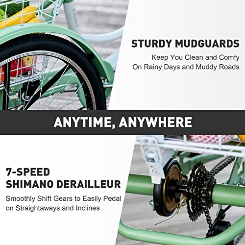 2026 Tricycle 7-Speed, 24′′ Wheels, High Carbon Steel Frame, Front & Rear Baskets, Adjustable Saddle