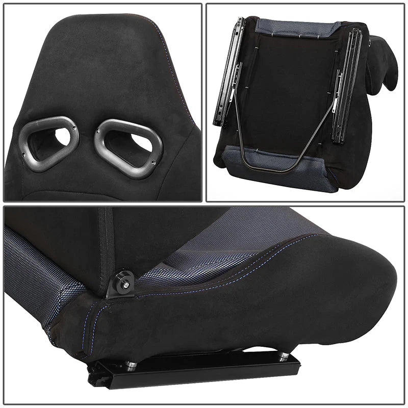2Pcs Blue Microfiber Suede Reclinable Racing Bucket Seat w/ Sliders Universal