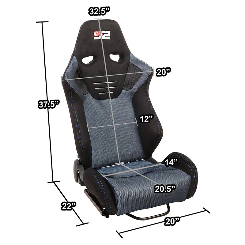 2Pcs Blue Microfiber Suede Reclinable Racing Bucket Seat w/ Sliders Universal