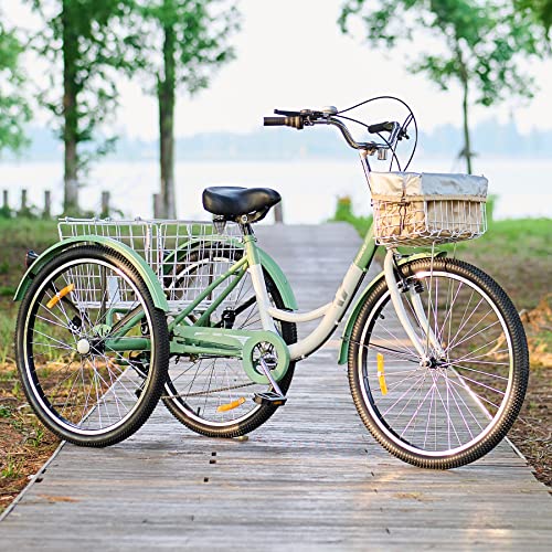 2026 Tricycle 7-Speed, 24′′ Wheels, High Carbon Steel Frame, Front & Rear Baskets, Adjustable Saddle