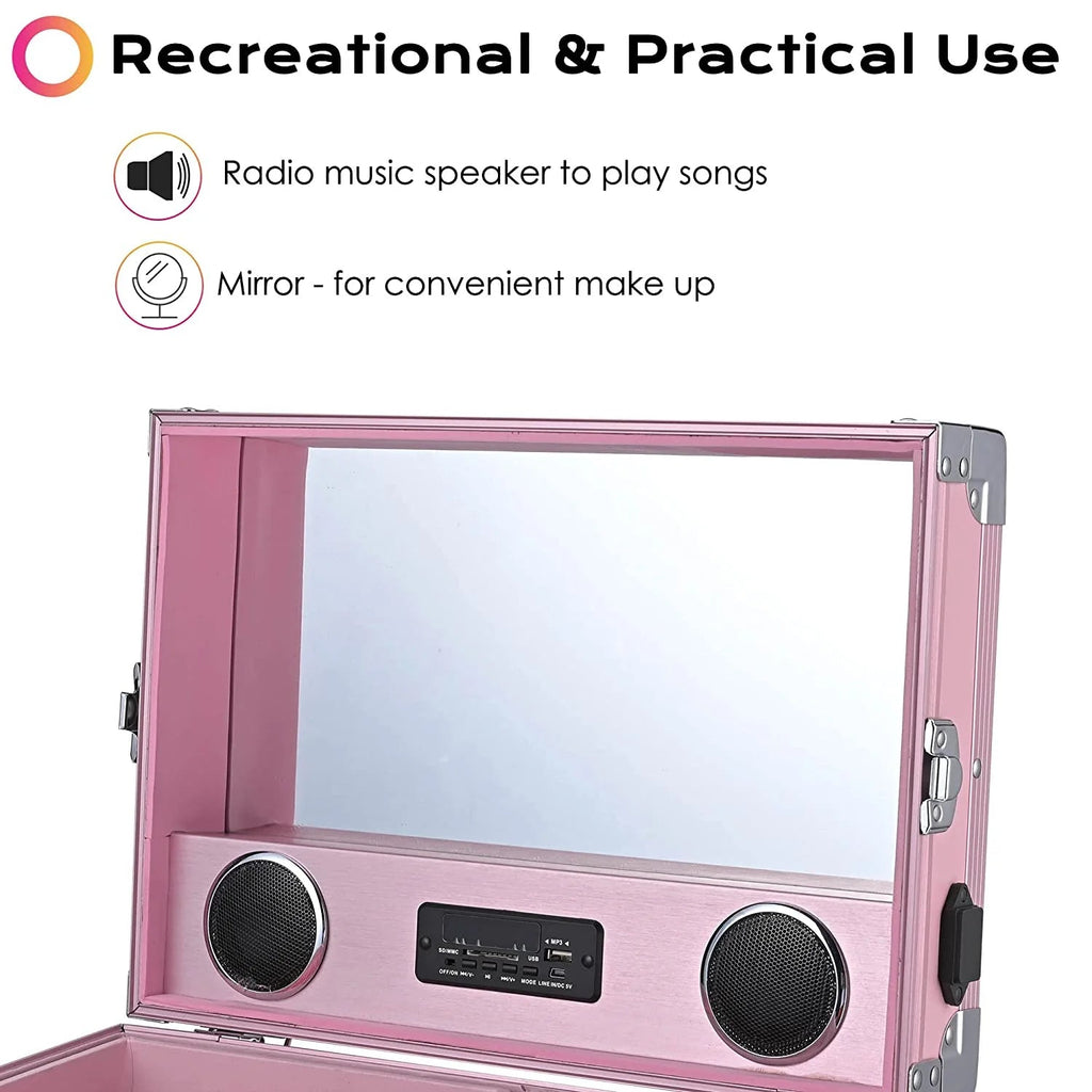 2026 Nail Desk Mobile Station Rolling Makeup Train Case Trolley Cosmetic Manicure Table Mirror 4 Drawers Pink