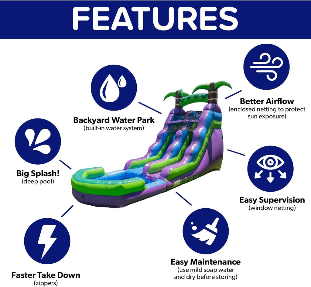 2026 HeroKiddo 16’ Purple Tropical Lightweight Premium Commercial Grade Water Slide Inflatable with Attached Pool for Kids and Adults (with Blower), Wet Dry Use, Summer Fun