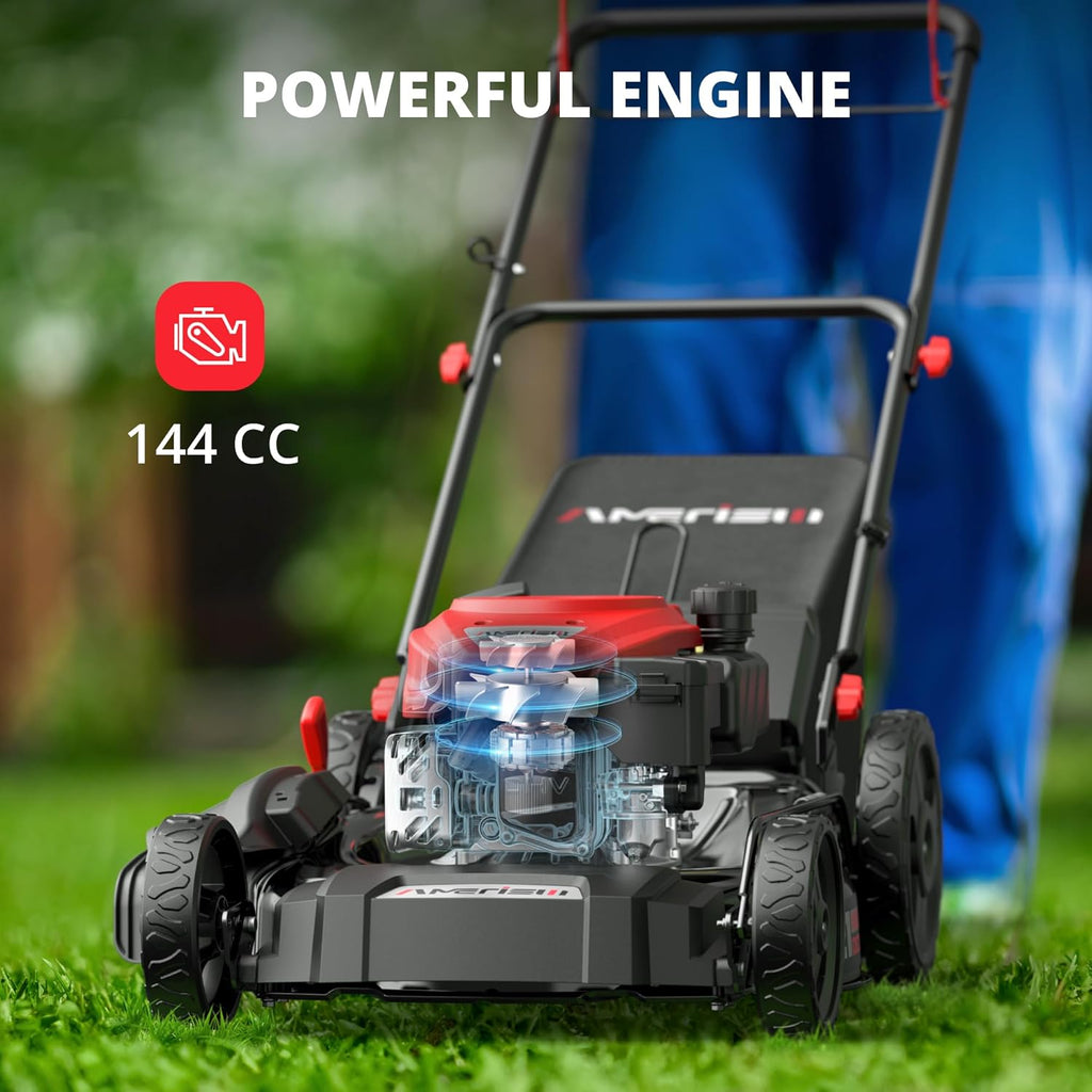 2026 21" Steel Deck Gas Lawn Mower, Heavy-Duty 3-in-1 Push Mower, 144cc 4-Stroke Engine, 6-Position Height Adjustment, Large 1.4 Bushel Grass Catcher, Durable & Efficient for Yard & Garden