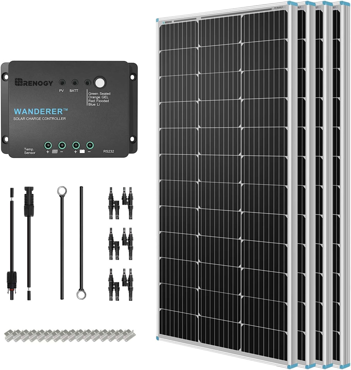 2026 400 Watt 12 Volt Premium 4 Pcs 100W Panel 40A MPPT Charge Controller Bluetooth Module Fuse Mounting Z Brackets Adaptor Kit Tray Cables Set, 400W, Grid 12V Solar Power System
