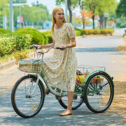 2026 Tricycle 7-Speed, 24′′ Wheels, High Carbon Steel Frame, Front & Rear Baskets, Adjustable Saddle