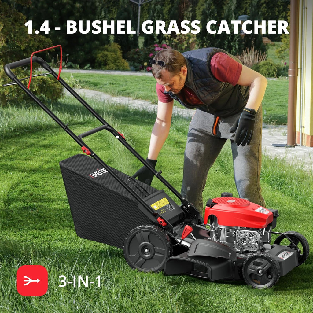 2026 21" Steel Deck Gas Lawn Mower, Heavy-Duty 3-in-1 Push Mower, 144cc 4-Stroke Engine, 6-Position Height Adjustment, Large 1.4 Bushel Grass Catcher, Durable & Efficient for Yard & Garden