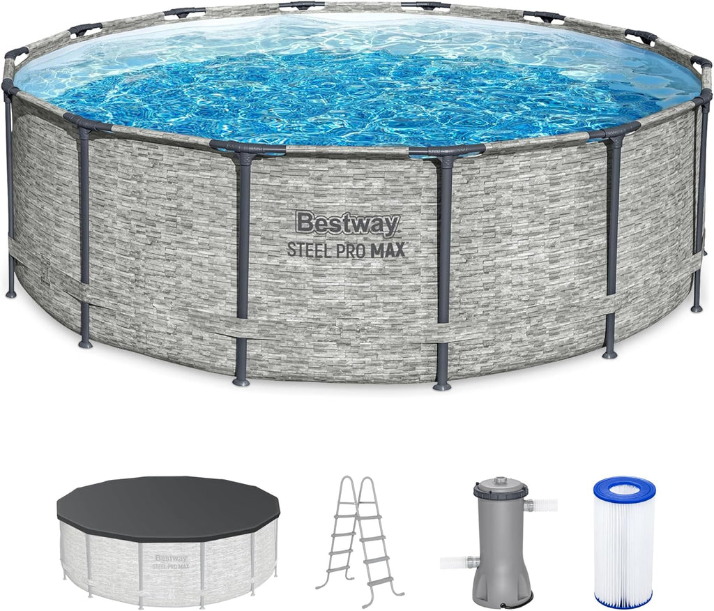 2026 Above Ground Swimming Pool w/ Pump, Cover, & Ladder, 14' x 48", Steel Pro MAX, Gray - Backyard Outdoor Round Pool w/ Filter, 42-Inch Deep Water