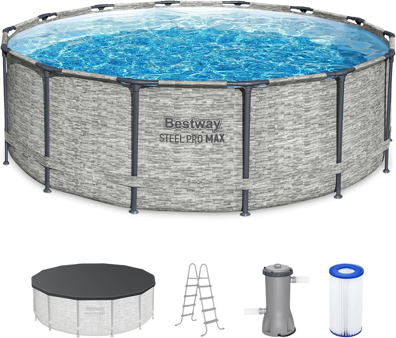 2026 Above Ground Swimming Pool w/ Pump, Cover, & Ladder, 14' x 48", Steel Pro MAX, Gray - Backyard Outdoor Round Pool w/ Filter, 42-Inch Deep Water
