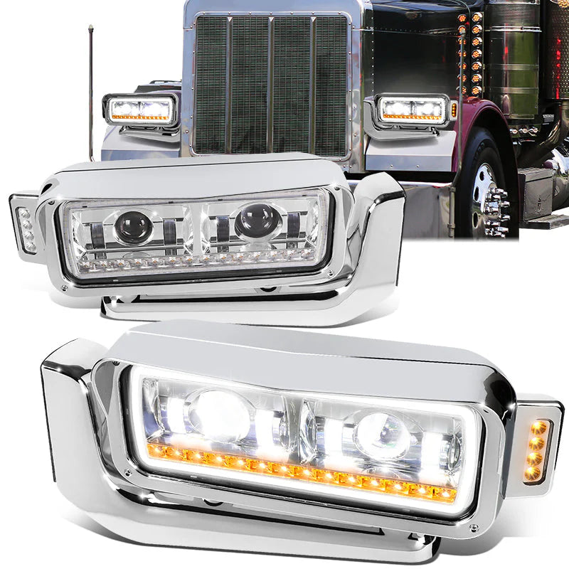 LED DRL Halo Sequential Projector Headlights 81-88 Peterbilt 359, 87-07 379, 08-21 389