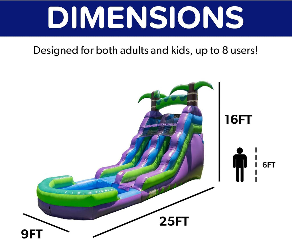 2026 HeroKiddo 16’ Purple Tropical Lightweight Premium Commercial Grade Water Slide Inflatable with Attached Pool for Kids and Adults (with Blower), Wet Dry Use, Summer Fun