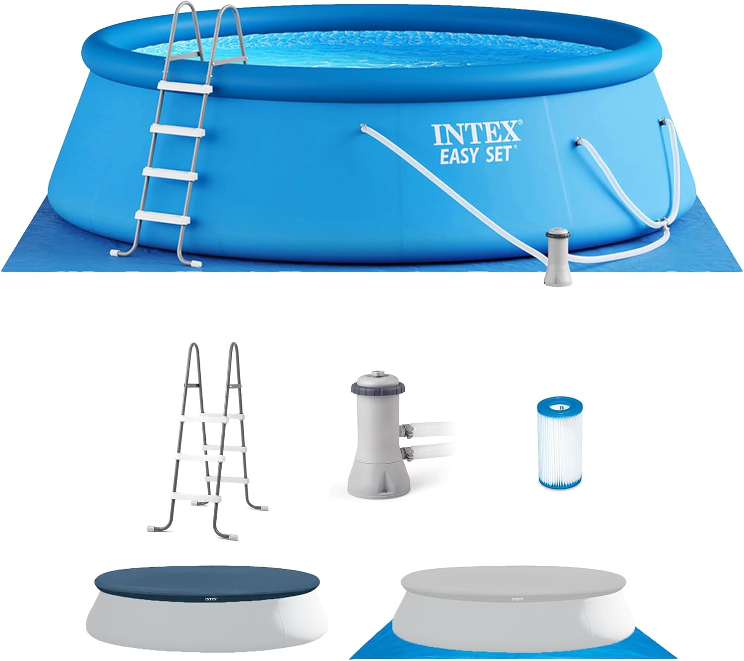 2026 Easy Set Inflatable Swimming Pool Set: 15ft x 48in – Includes 1000 GPH Cartridge Filter Pump – Removable Ladder – Pool Cover – Ground Cloth
