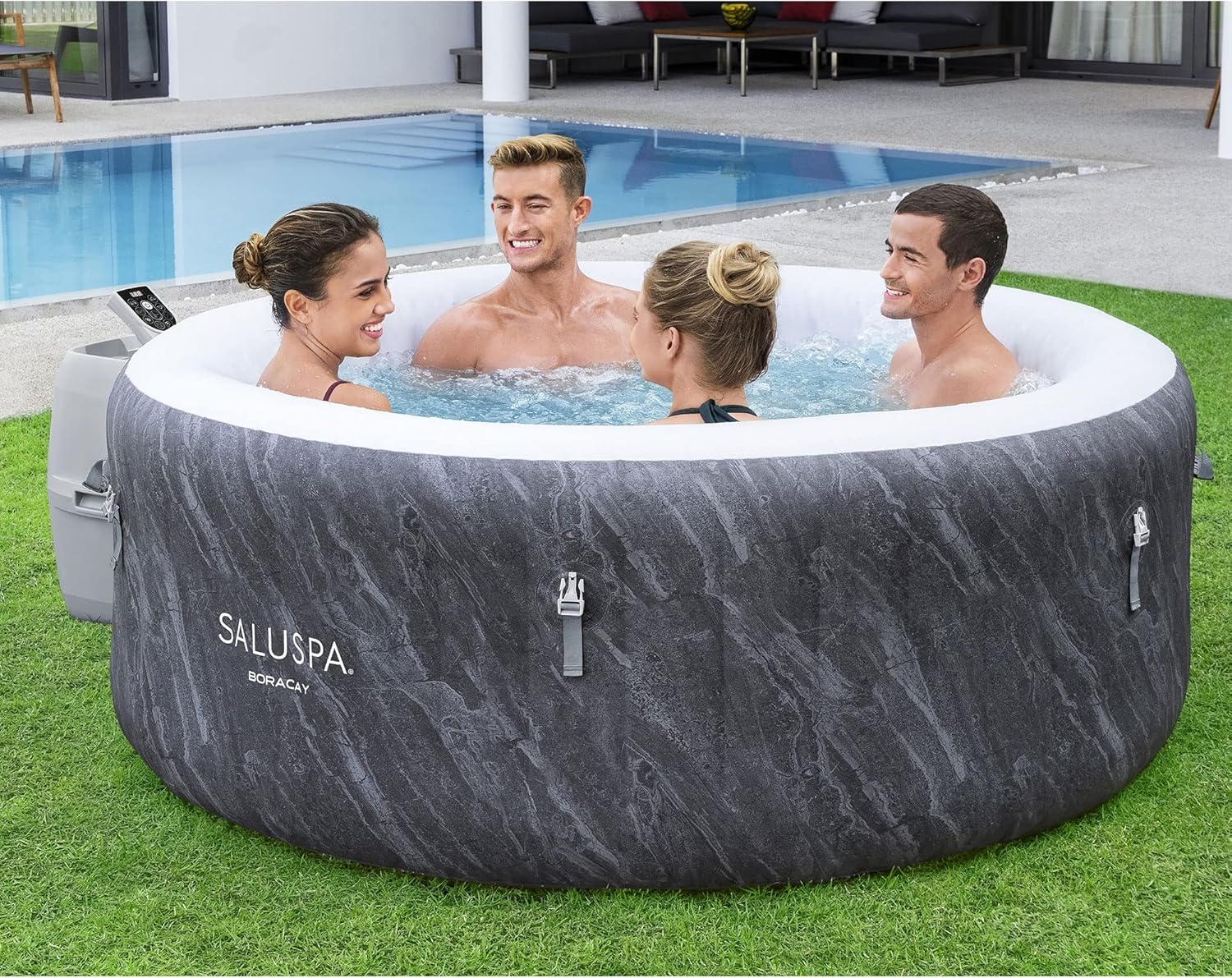 2026 Bestway SaluSpa Fiji AirJet Large Round 2 to 4 Person Inflatable Hot Tub Portable Outdoor Spa with 120 AirJets and EnergySense Cover, Grey
