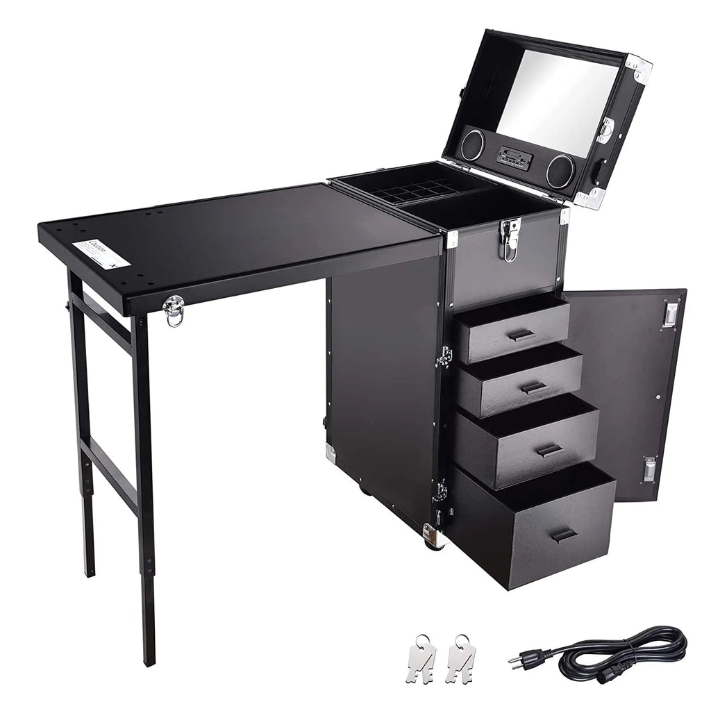 2026 Nail Desk Mobile Station Rolling Makeup Train Case Trolley Cosmetic Manicure Table Mirror 4 Drawers Pink
