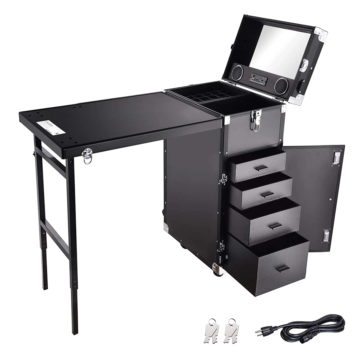 2026 Nail Desk Mobile Station Rolling Makeup Train Case Trolley Cosmetic Manicure Table Mirror 4 Drawers Pink