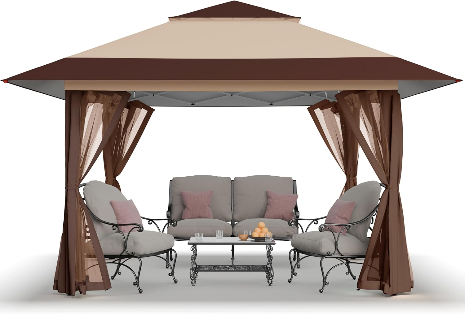 2026 13x13 Pop Up Gazebo, Canopy Tent, Gazebos on Clearance - Outdoor Gazebo for Backyard & Patio Furniture - Carpa Pop Up Tent with Wheeled STO-N-Go Cover Bag (Beige & Coffee)