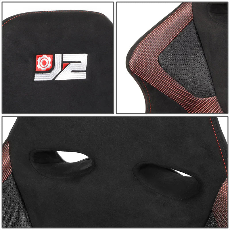 2Pcs Red Microfiber Suede Reclinable Racing Bucket Seat w/ Sliders Universal