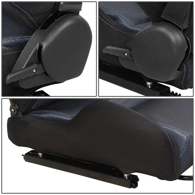 2Pcs Blue Microfiber Suede Reclinable Racing Bucket Seat w/ Sliders Universal