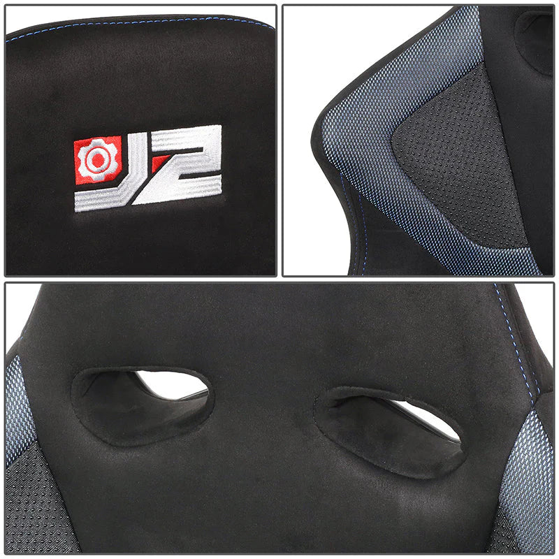 2Pcs Blue Microfiber Suede Reclinable Racing Bucket Seat w/ Sliders Universal