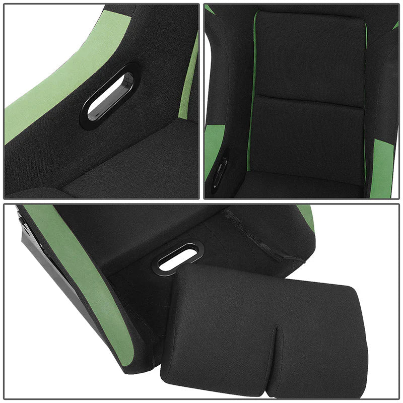 2 Pcs Green Fabric Bucket Racing Seats w/ Mount Brackets & Sliders Fits model w/ Aftermarket Seat Brackets