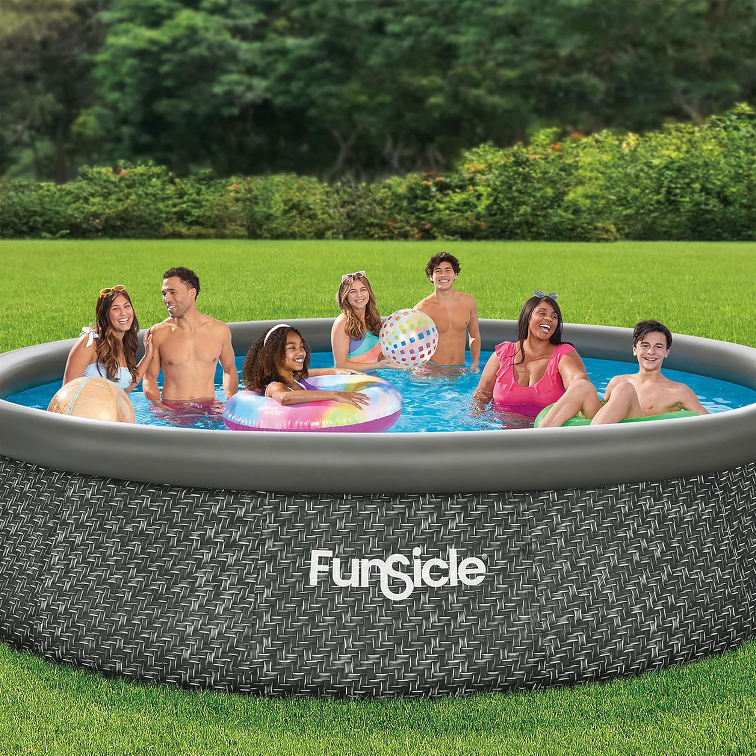 2026 12 Foot by 36 Inch Quickset Round Inflatable Ring Top Outdoor Above Ground Swimming Pool Set with Pump and Cartridge Filter, Dark Herringbone
