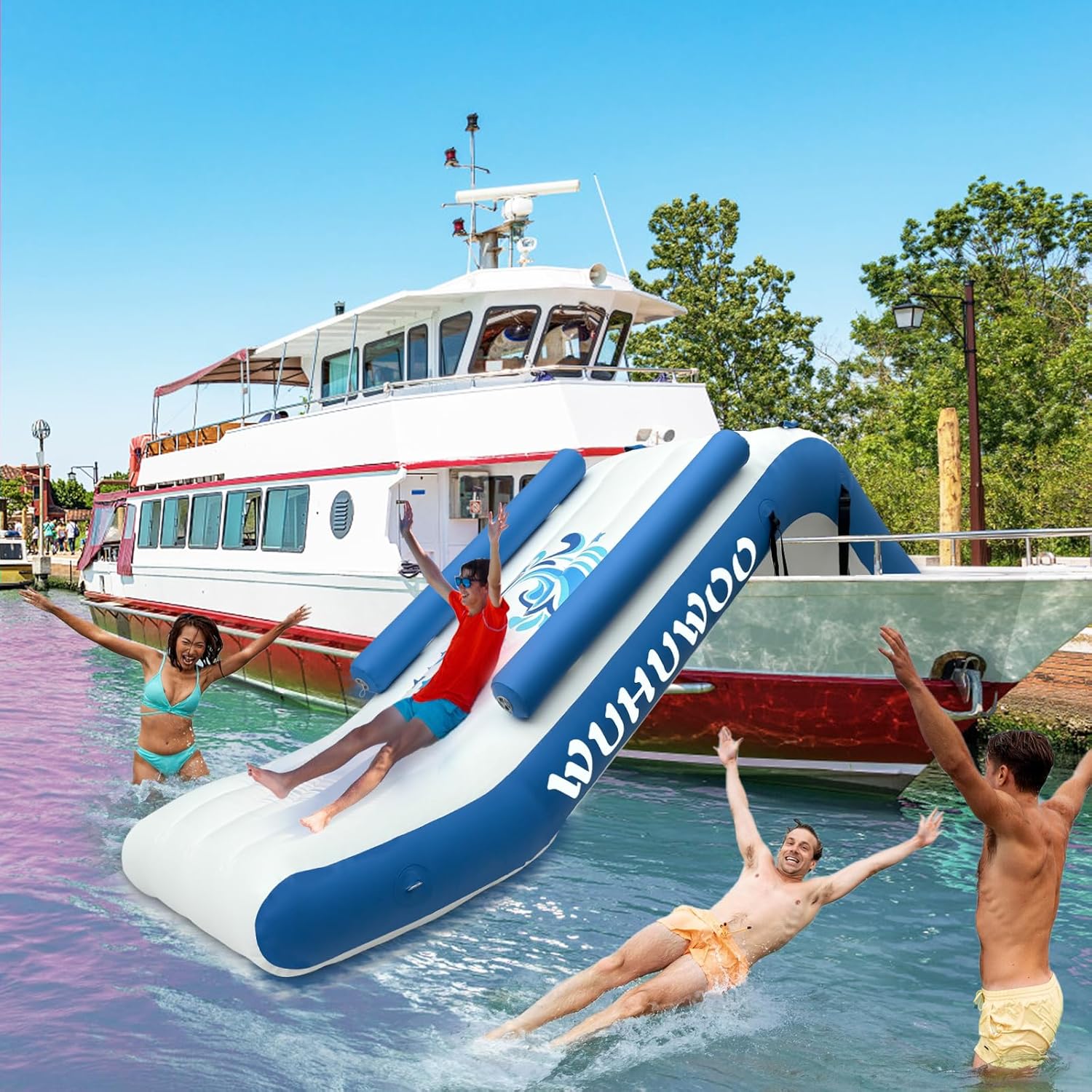2026 Pontoon Waterfall Slide, Inflatable Pontoon Boat Water Slide for Kids Backyard Pool Sea, Electric Air Pump & Storage Bag
