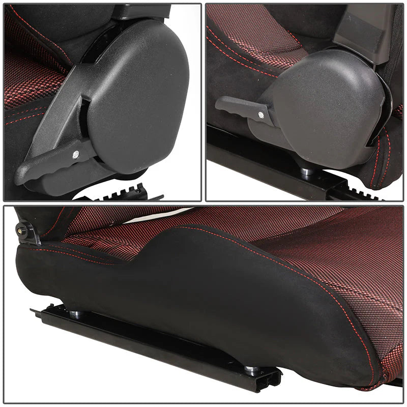 2Pcs Red Microfiber Suede Reclinable Racing Bucket Seat w/ Sliders Universal
