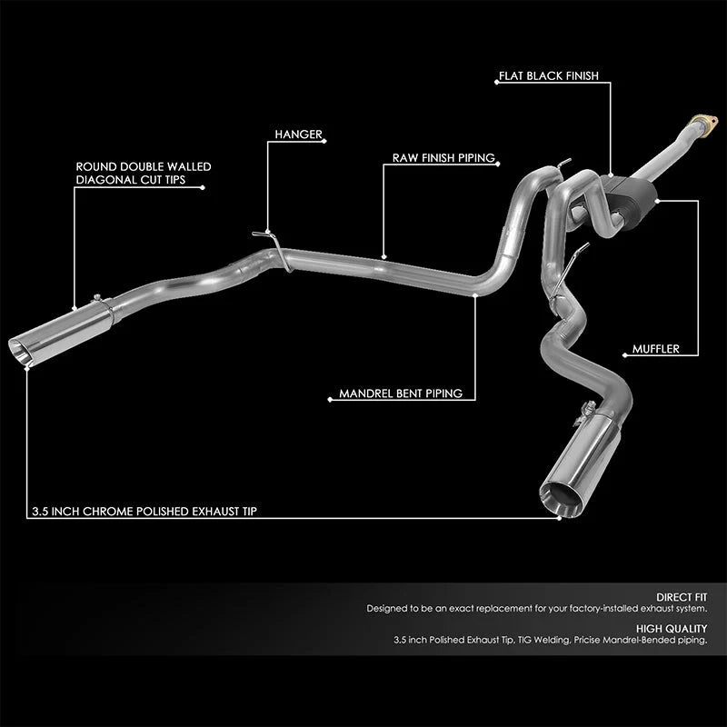 Cat-Back Exhaust w/3.5 in. OD Stainless Steel Muffler Tip 15-20 Ford F-150 2.7L 3.5L 5.0L