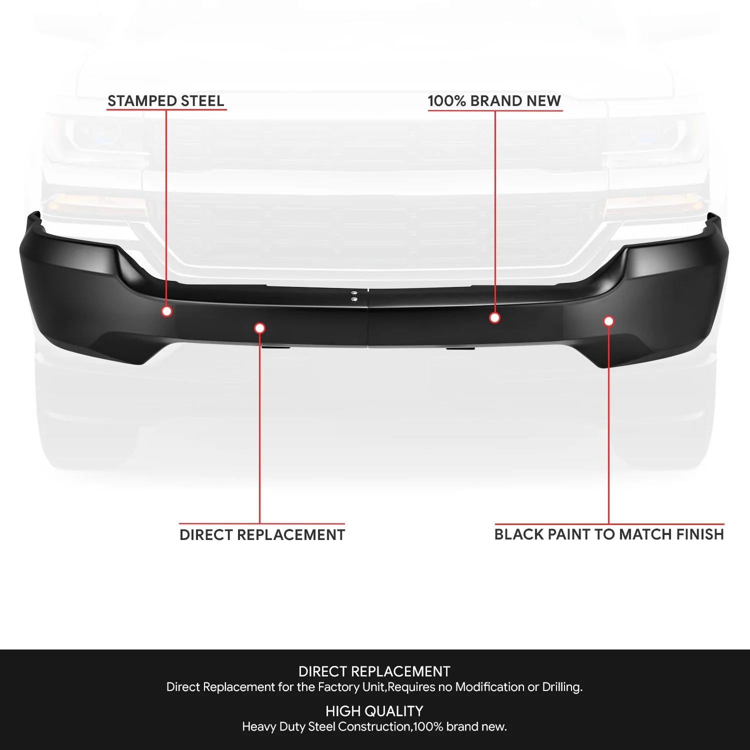 Modular Style Front Bumper (w/o Fog Light Holes) 16-19 Chevy Silverado 1500 LD