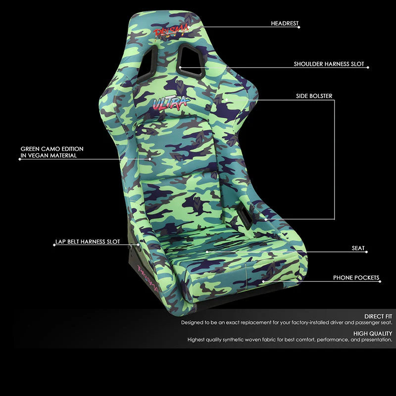Green Camo Print Vegan Satin Bucket Racing Seat Universal