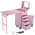 2026 Nail Desk Mobile Station Rolling Makeup Train Case Trolley Cosmetic Manicure Table Mirror 4 Drawers Pink