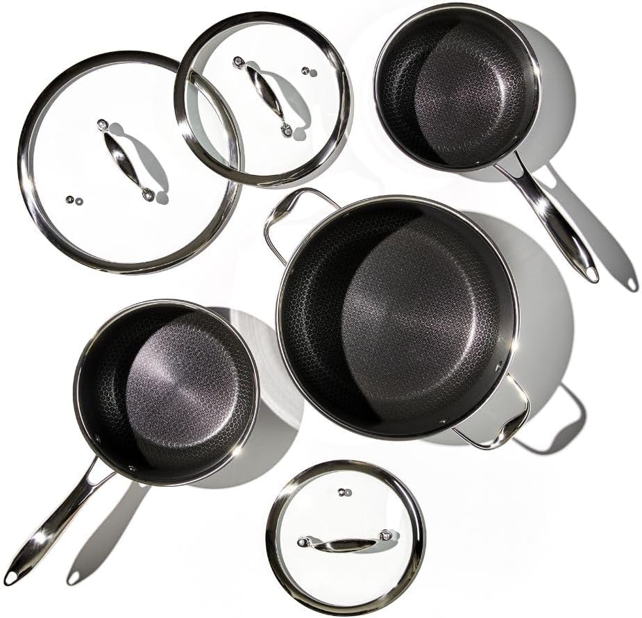 2026 HexClad Hybrid Nonstick 6-Piece Pot Set with 2 Silicone Trivets, 2, 3, and 8-Quart Pots with Tempered Glass Lids, Stay-Cool Handles, Dishwasher-Friendly, Induction-Ready, Compatible with All Cooktops