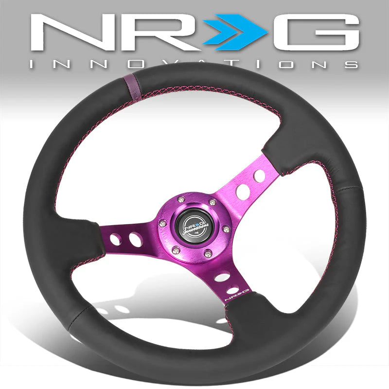 350mm 3 in. Deep Dish Leather Grip Aluminum Steering Wheel Fits w/ Hubs 6-Bolt X 70mm Bolt Pattern