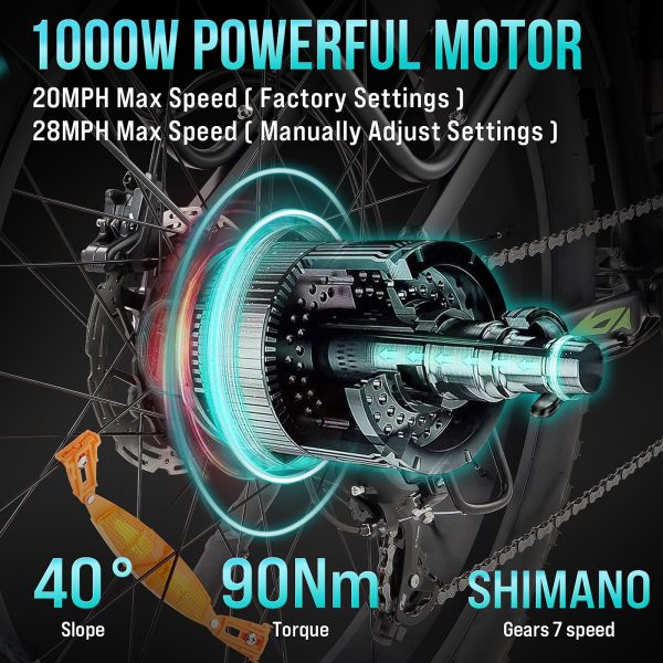 2026 Electric Bike for Adults 1000W, 48V 17.5AH Battery Adult Electric Bicycles, 26 Fat Tire Full Suspension Ebike, 28MPH Mountain Beach E Bike, 7 Speed, 60Miles Range, UL Certified