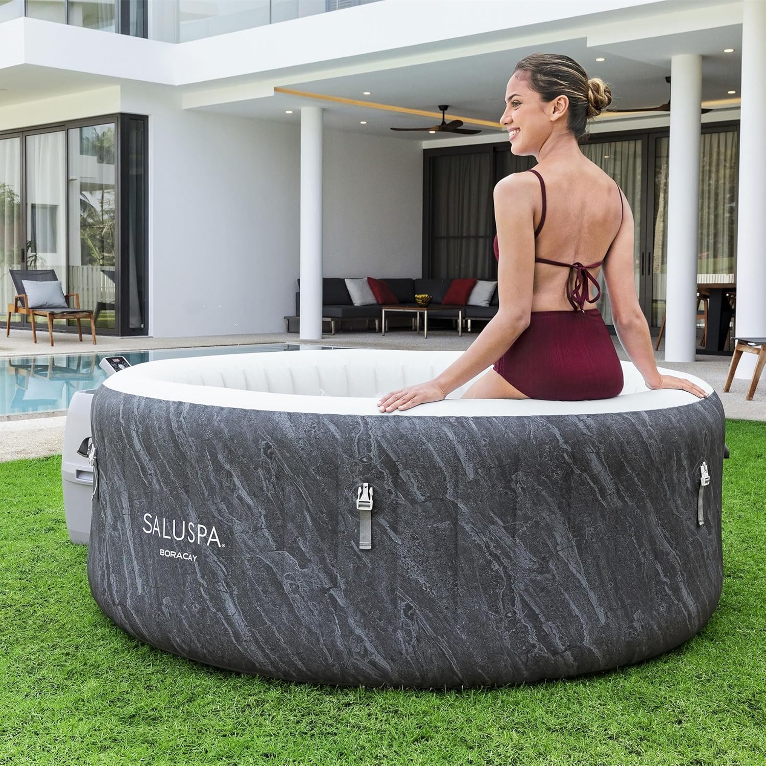 2026 Bestway SaluSpa Fiji AirJet Large Round 2 to 4 Person Inflatable Hot Tub Portable Outdoor Spa with 120 AirJets and EnergySense Cover, Grey