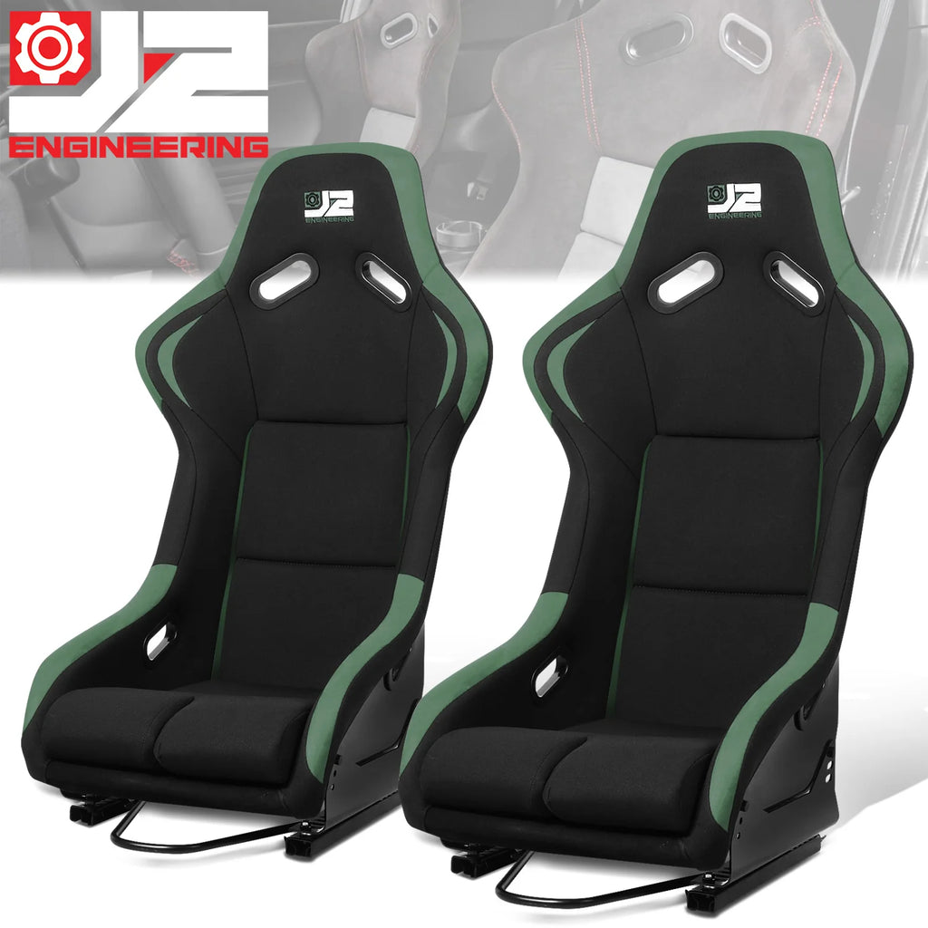 2 Pcs Green Fabric Bucket Racing Seats w/ Mount Brackets & Sliders Fits model w/ Aftermarket Seat Brackets