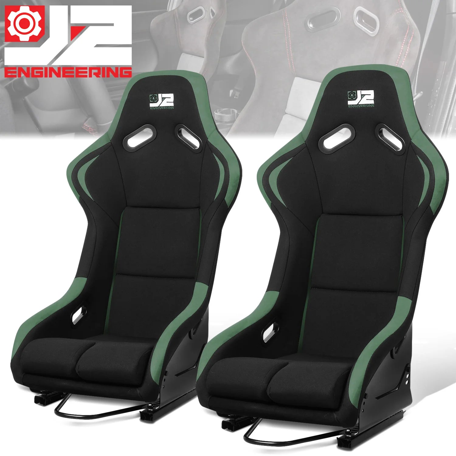 2 Pcs Green Fabric Bucket Racing Seats w/ Mount Brackets & Sliders Fits model w/ Aftermarket Seat Brackets