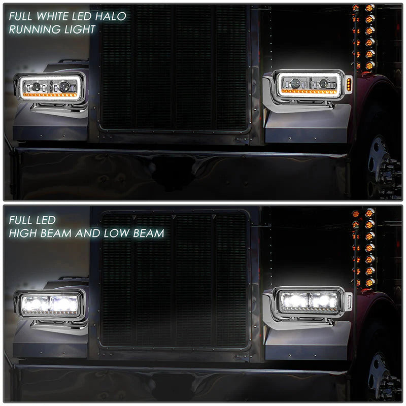 LED DRL Halo Sequential Projector Headlights 81-88 Peterbilt 359, 87-07 379, 08-21 389
