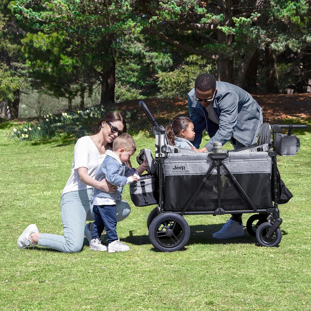 2026 4 Seater Stroller Wagon- Premium Quad Stroller Wagon for 4 Kids with Convertible Seats, Adjustable Push/Pull Handles, Removable Canopy & Flat Fold, Grey
