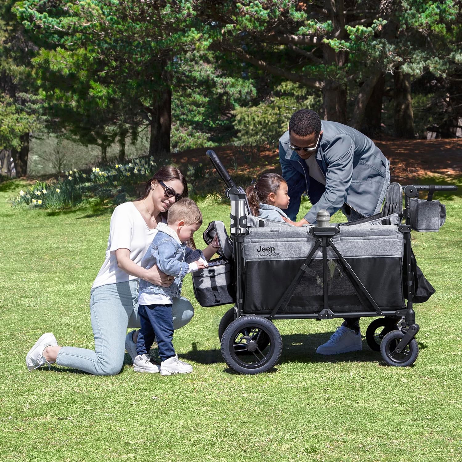 2026 4 Seater Stroller Wagon- Premium Quad Stroller Wagon for 4 Kids with Convertible Seats, Adjustable Push/Pull Handles, Removable Canopy & Flat Fold, Grey