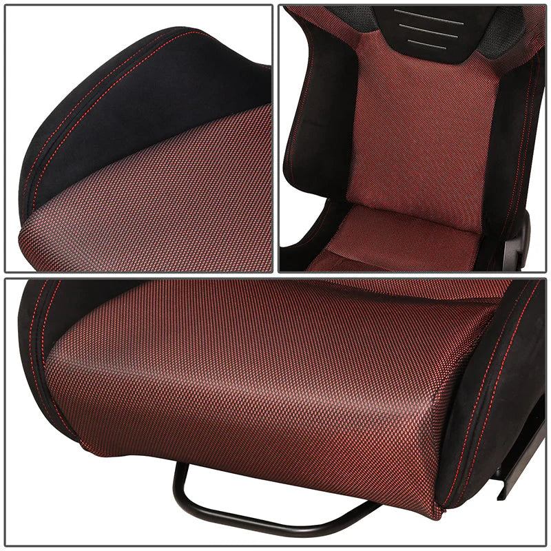 2Pcs Red Microfiber Suede Reclinable Racing Bucket Seat w/ Sliders Universal