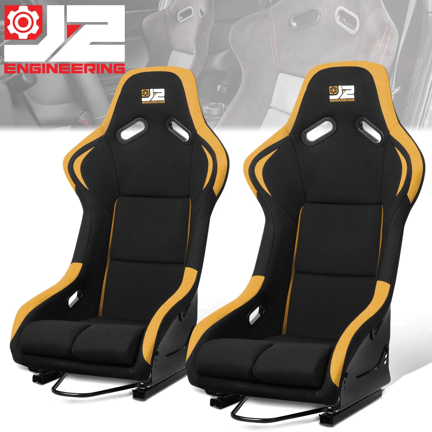 2 Pcs Yellow Fabric Bucket Racing Seats w/ Mount Brackets & Sliders Fits model w/ Aftermarket Seat Brackets