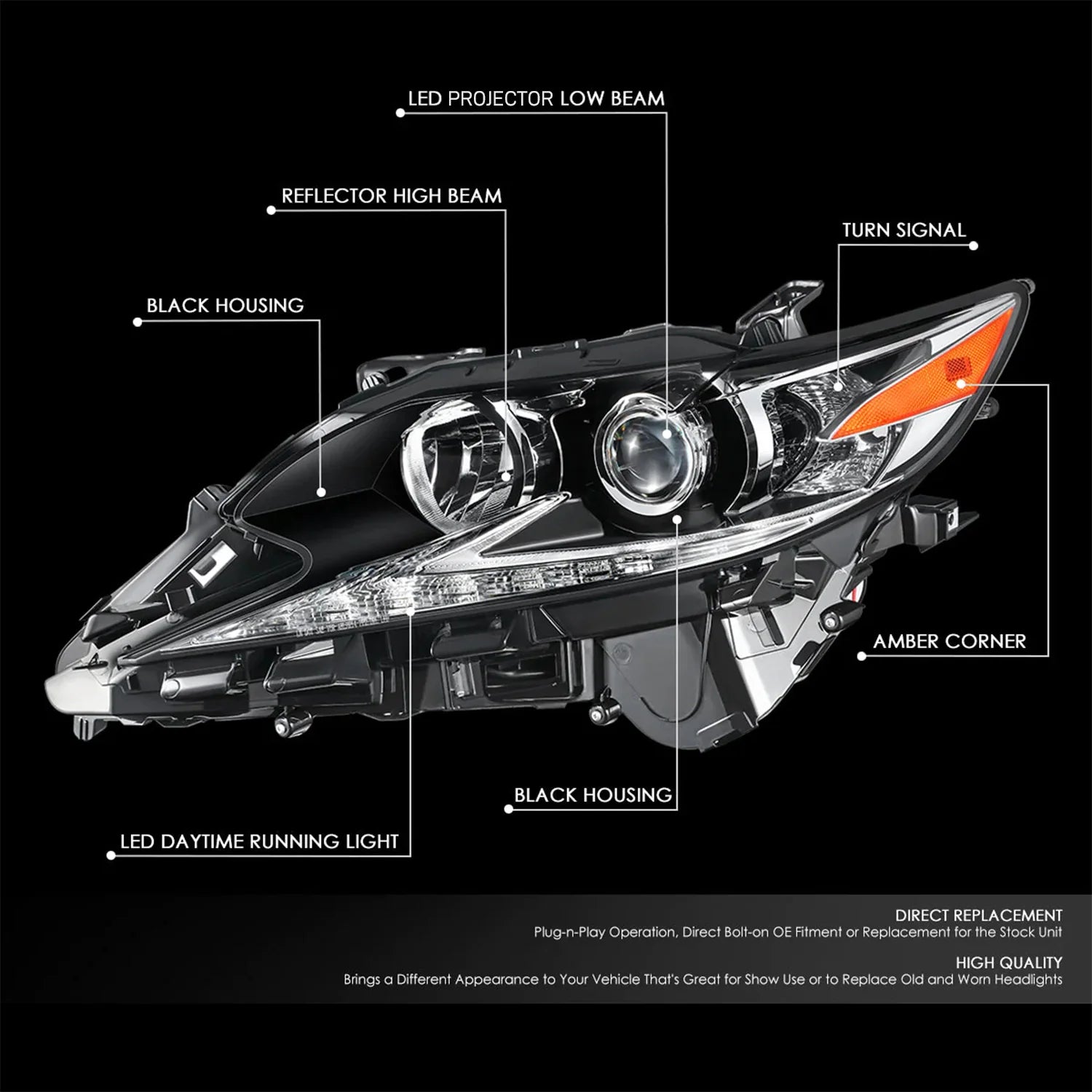 Factory Style LED DRL Projector Headlight (Left) 16-18 Lexus ES300H, Lexus ES350