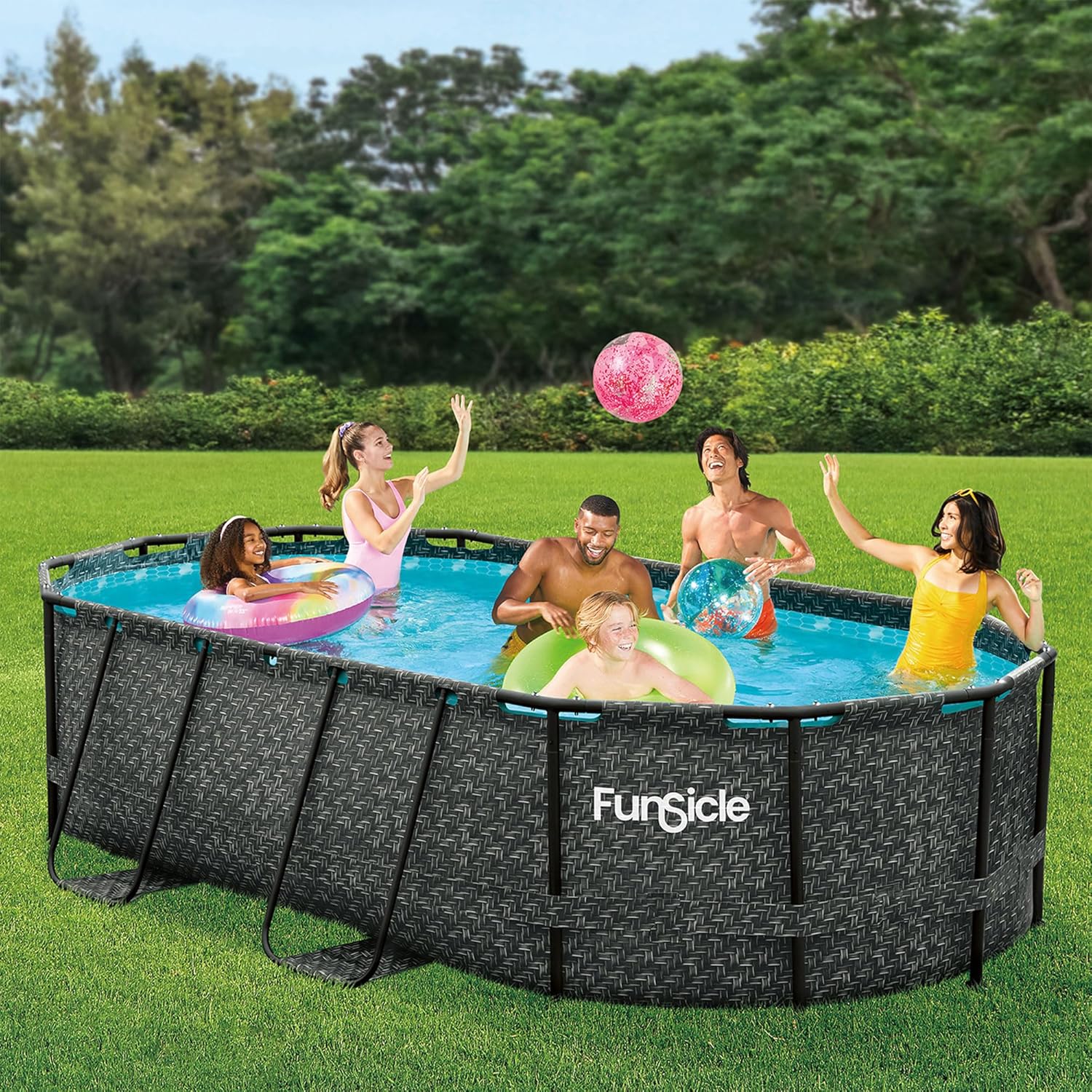 2026 Funsicle 167 by 98 by 39.5 Inches Oasis Designer Oval Frame Outdoor Above Ground Swimming Pool Pool Set with Accessories, Dark Herringbone Gray