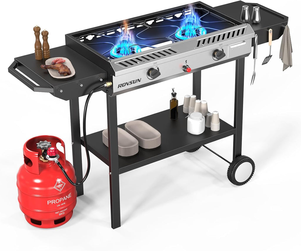2026 2 Burner Outdoor Propane Gas Stove with Griddle, Auto-ignition, Regulator & Side Shelves, 150,000 BTU Powerful Stand Cooker for Backyard Cooking Home Brewing Canning Frying Grilling